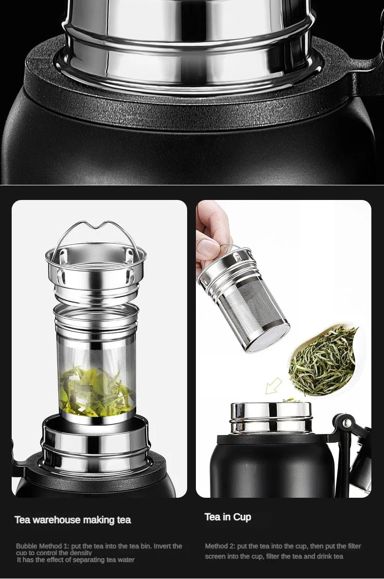 YANINA Insulated Stainless Steel Bottle - 1L Hot Flask for Travel, Hiking, Camping - Keeps Drinks Hot 24h - Portable Car Cup, Tea Strainer - Perfect for Hot Drink Lovers (23.5x8.5cm) (Black)