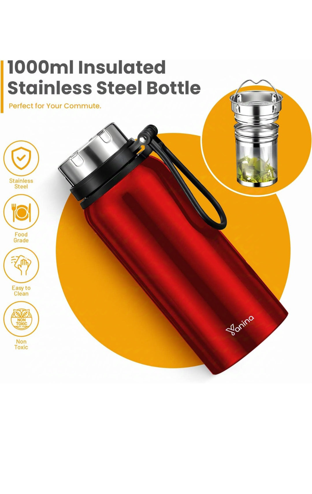 YANINA Insulated Stainless Steel Bottle - 1L Hot Flask for Travel, Hiking, Camping - Keeps Drinks Hot 24h - Portable Car Cup, Tea Strainer - Perfect for Hot Drink Lovers (23.5x8.5cm) (Red)